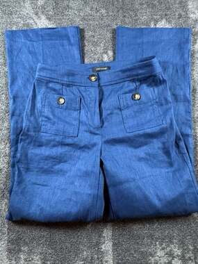 Ann Taylor Pants Size 4P Curvy Blue Linen Blend Dress Pants Button Pockets